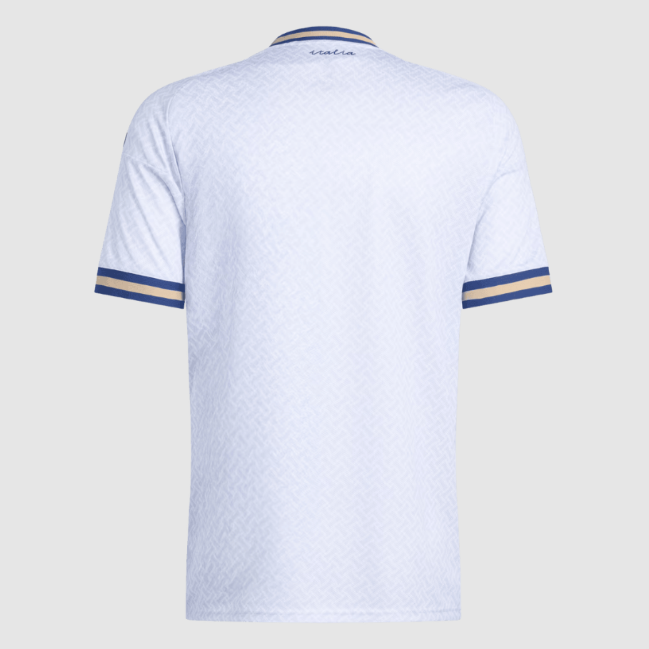 White polo shirt with blue and yellow accents on a light gray background