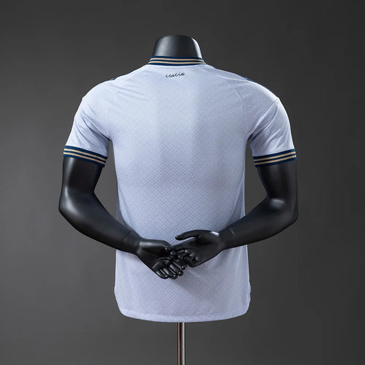 White sports jersey with black sleeves on a mannequin against a gray background