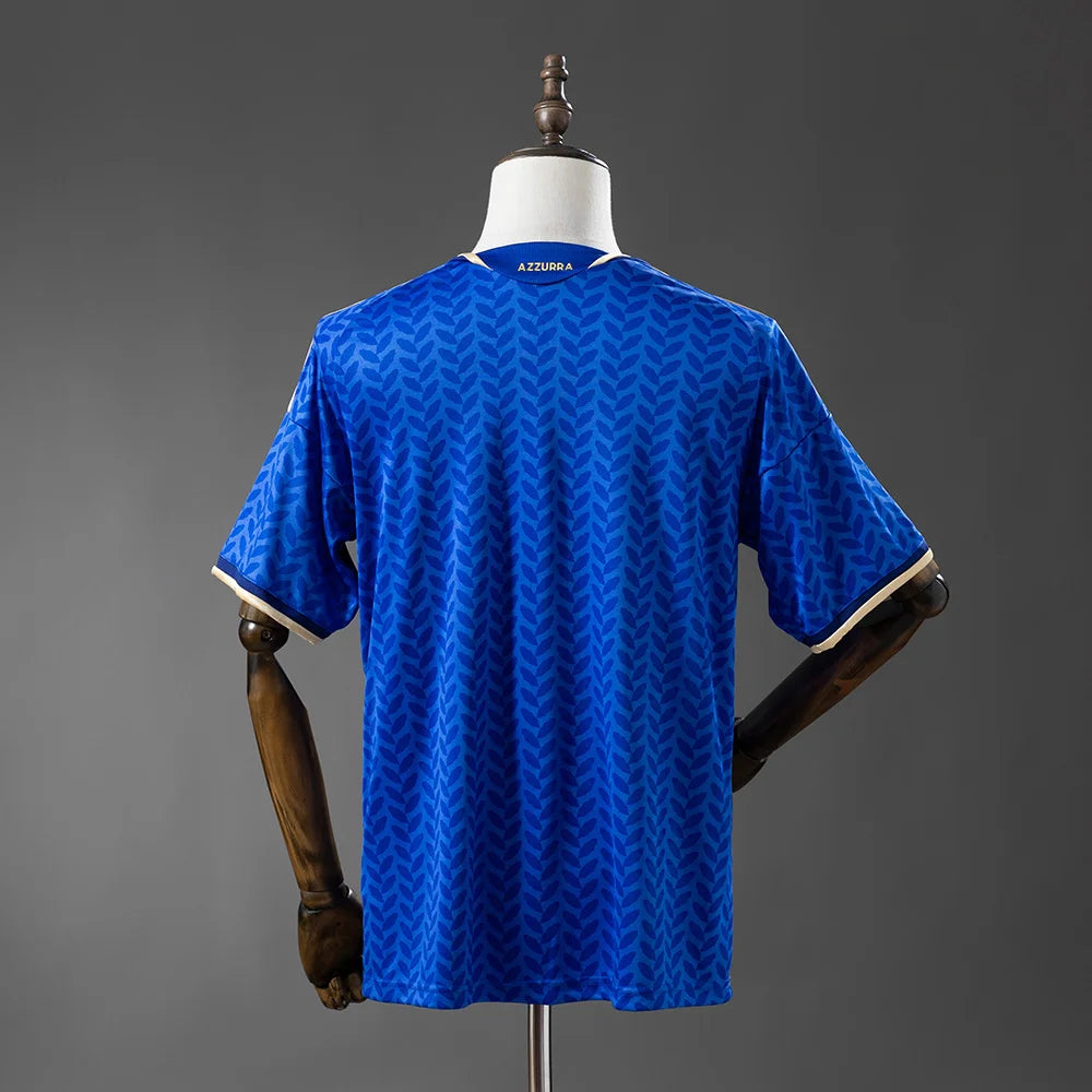 Blue sports jersey on a mannequin against a gray background