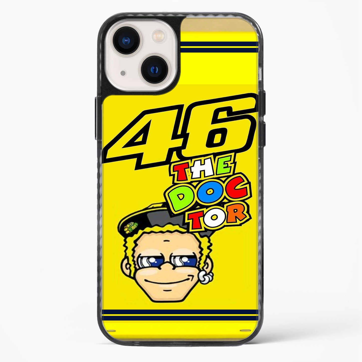 Phone case with a cartoon character and '46 The Doc Tor' text on a yellow background