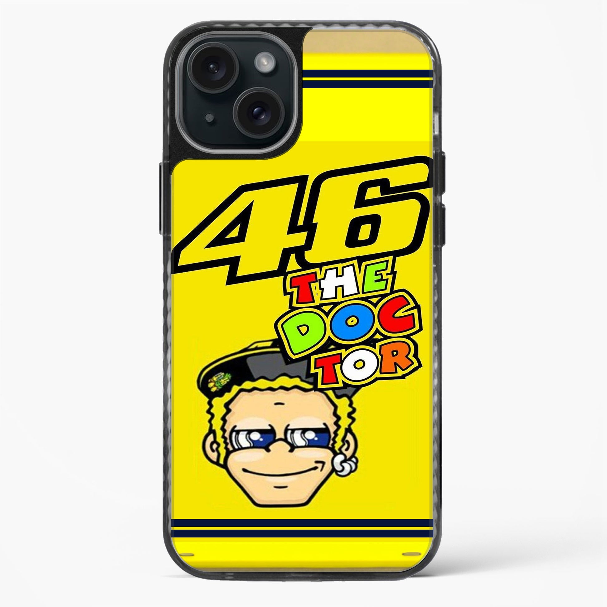Phone case with a cartoon character and '46 The Doc Tor' text on a yellow background