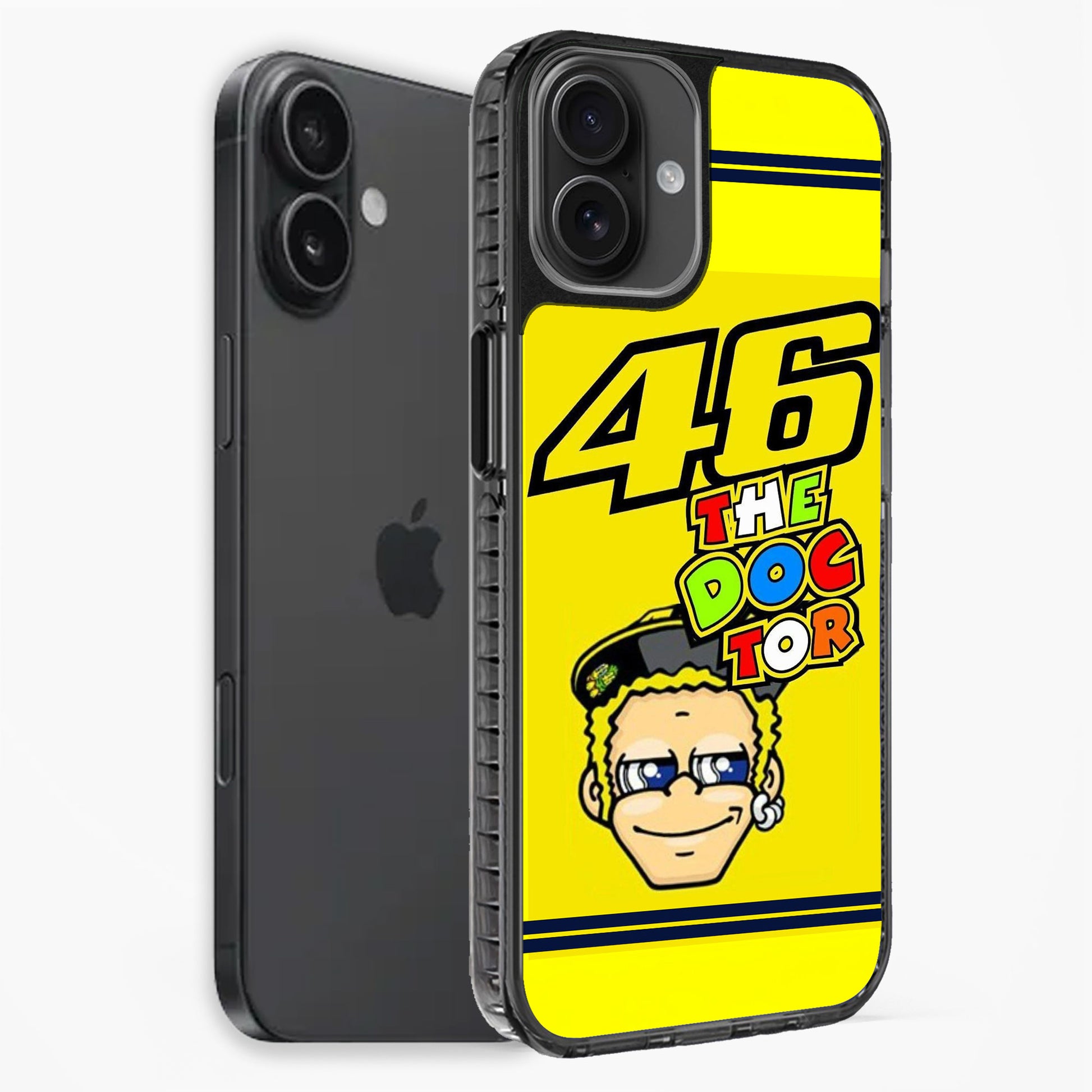 Phone case with cartoon character and '46 The Dogtor' text on a yellow background