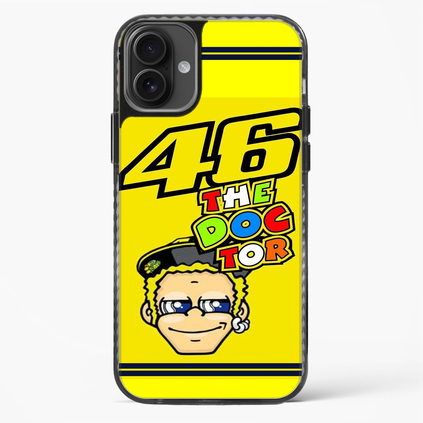 Phone case with a yellow background, number 46, and cartoon character on a white background