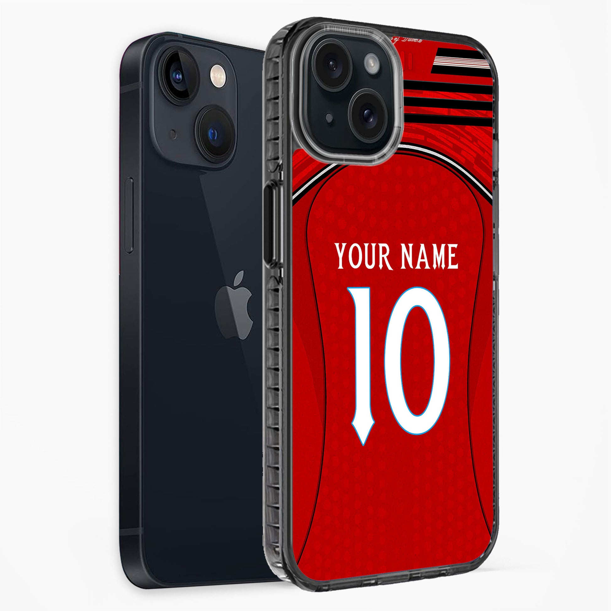 Phone case with red sports jersey design and customizable text on a white background