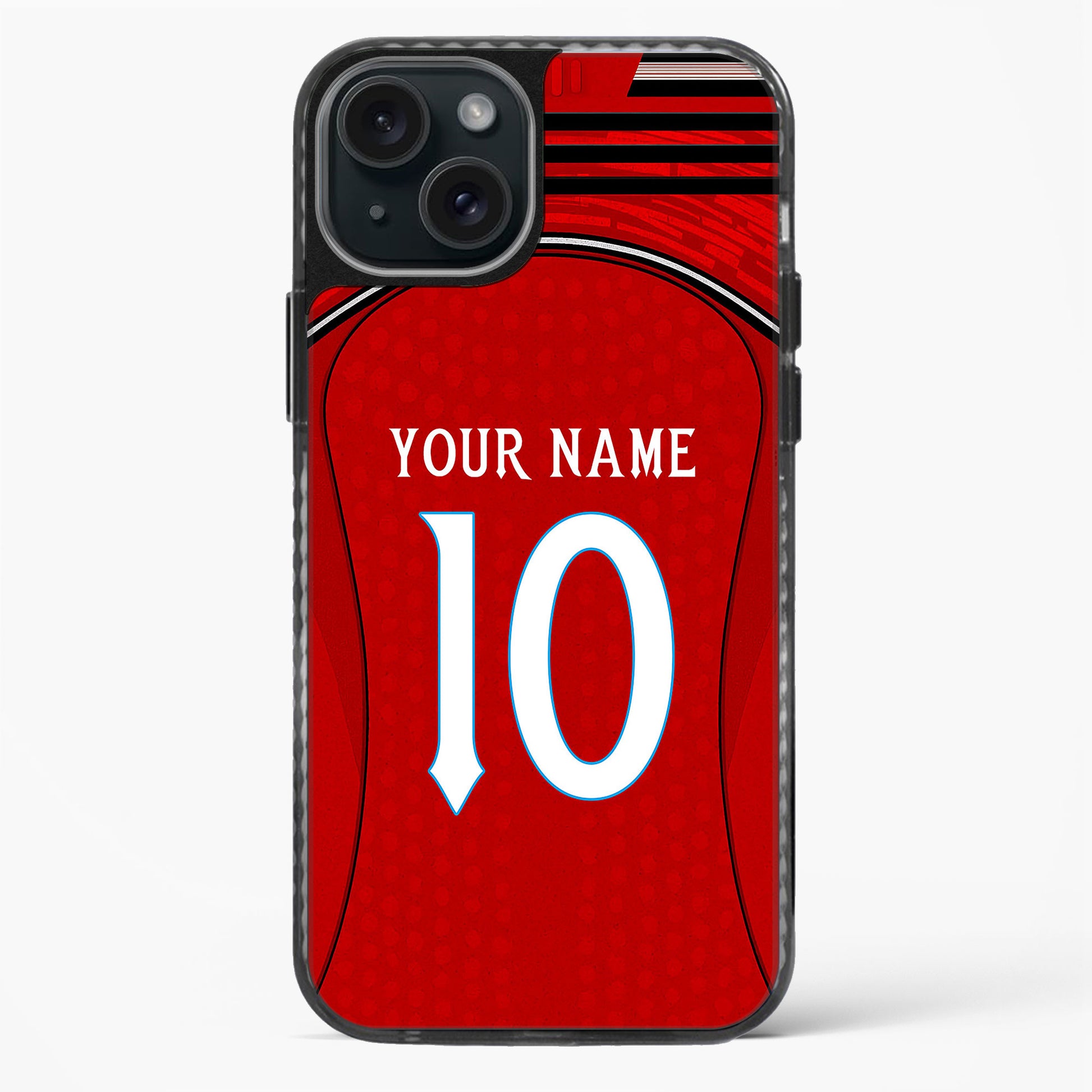 Phone case designed like a red sports jersey with customizable text on a white background