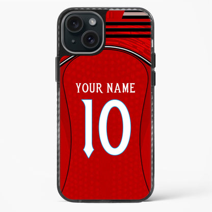 Phone case designed like a red sports jersey with customizable text on a white background