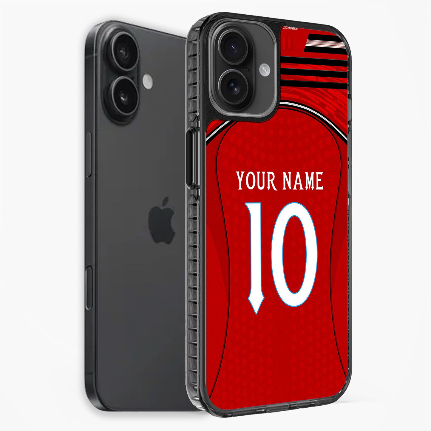 Phone case with red sports jersey design and customizable text on a white background