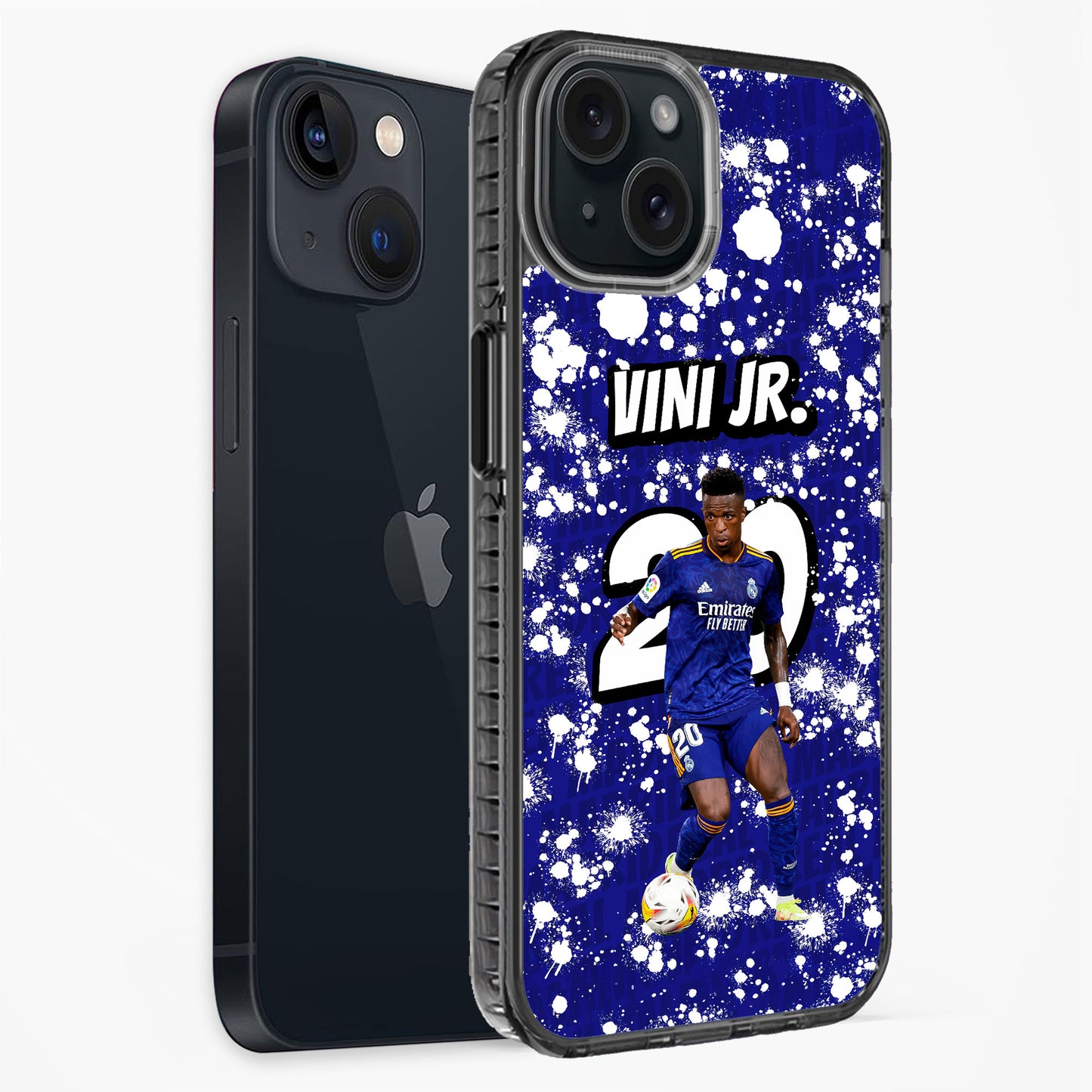 Phone case with a soccer player design and 'VINI JR.' text on a blue background