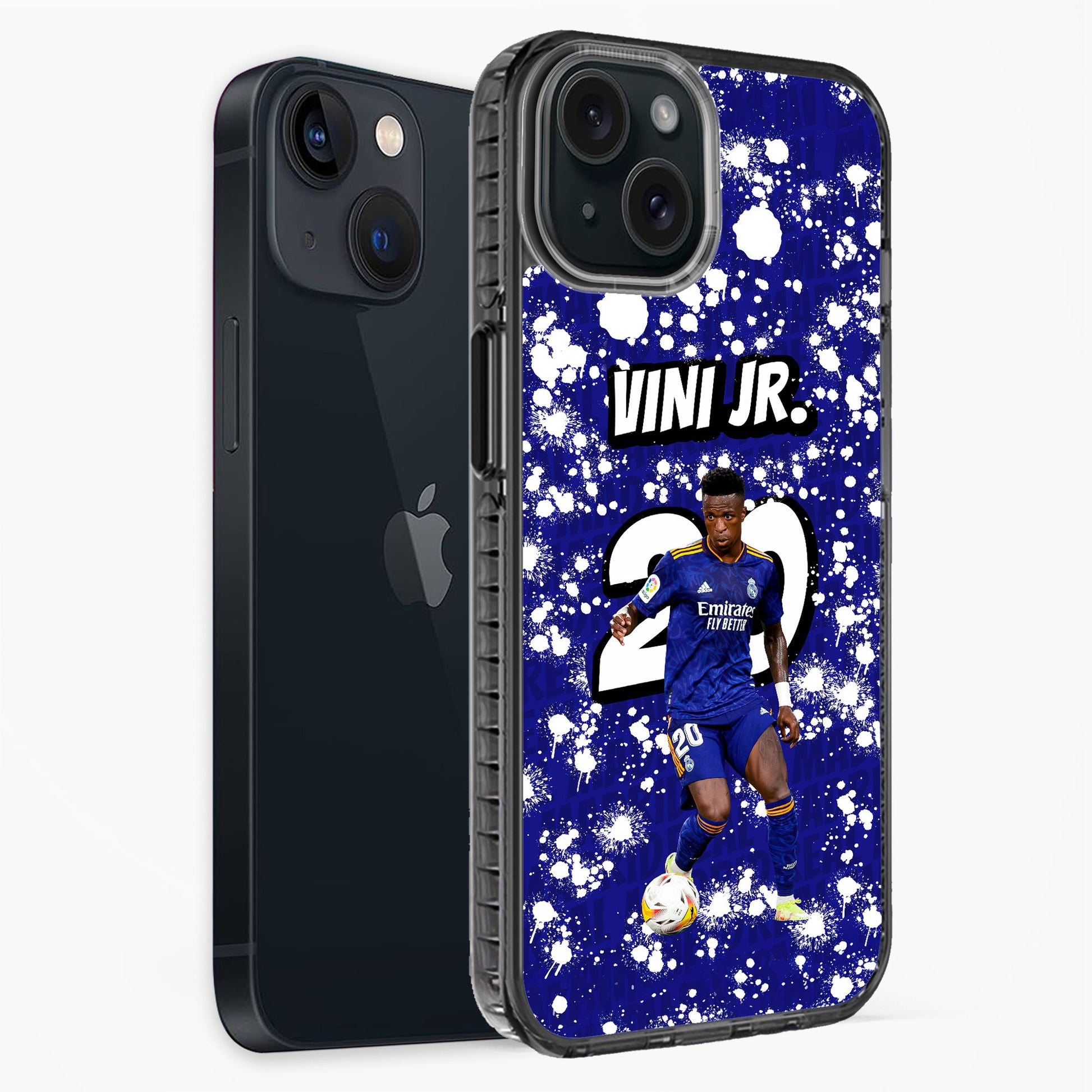Phone case with a soccer player design and 'VINI JR.' text on a blue background