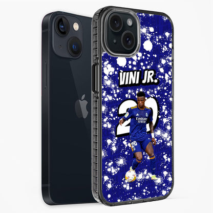 Phone case with a soccer player design and 'VINI JR.' text on a blue background