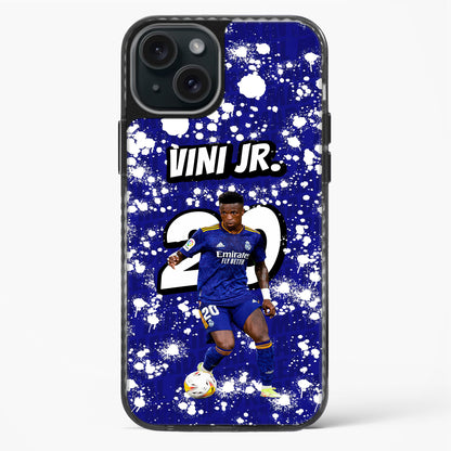 Phone case with a soccer player in a blue uniform on a blue background with white splashes