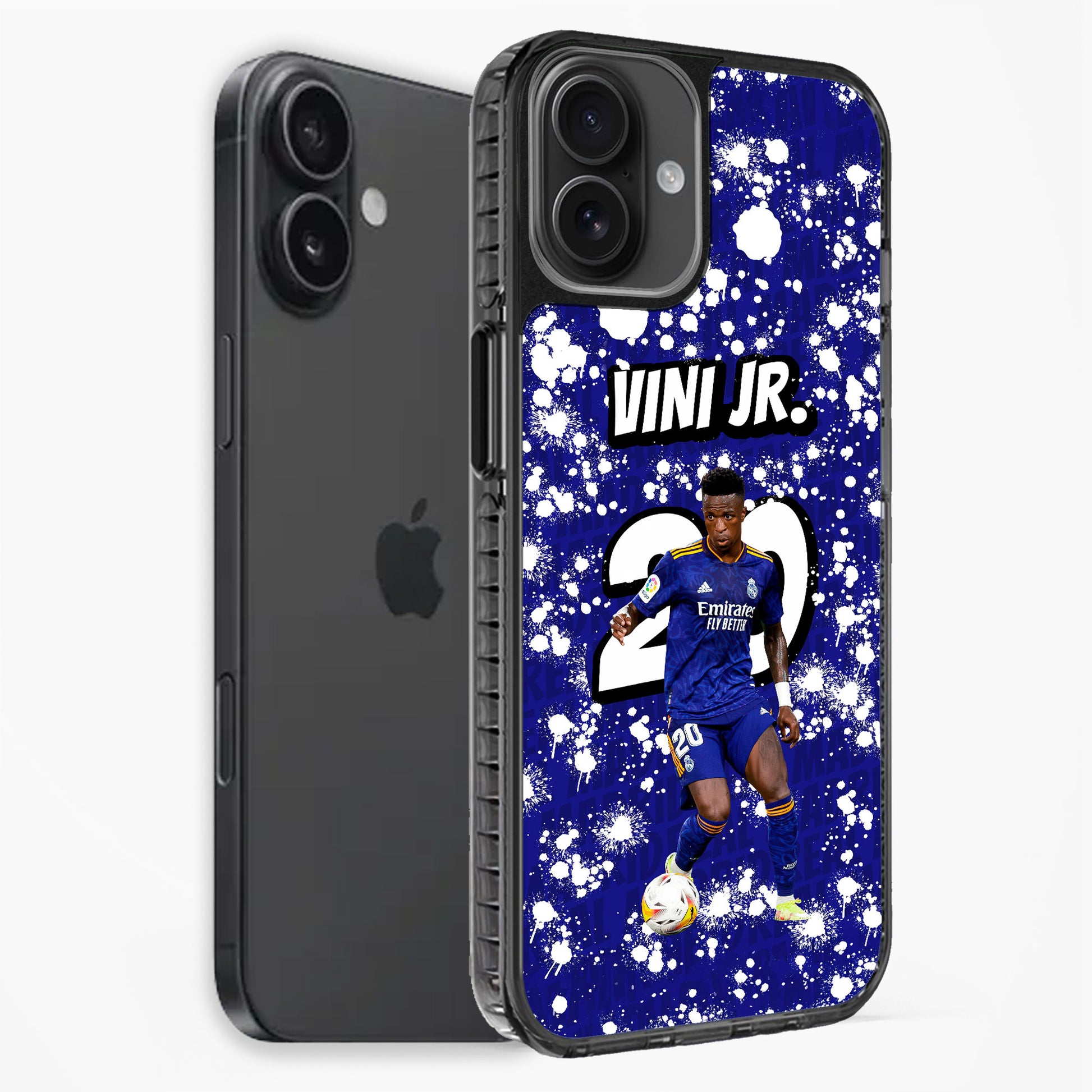 Phone case with a soccer player design and 'Vini Jr.' text on a blue background