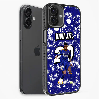 Phone case with a soccer player design and 'Vini Jr.' text on a blue background