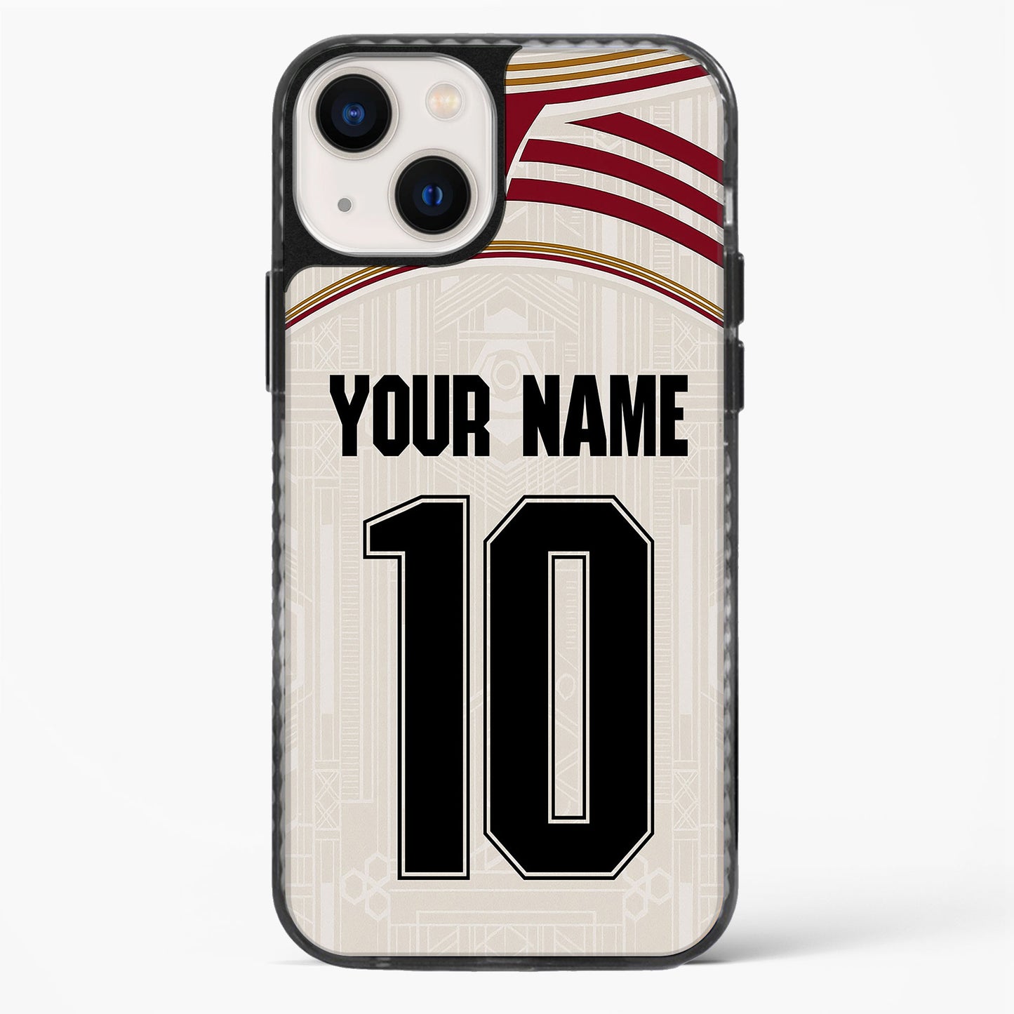 Phone case with customizable text on a white background