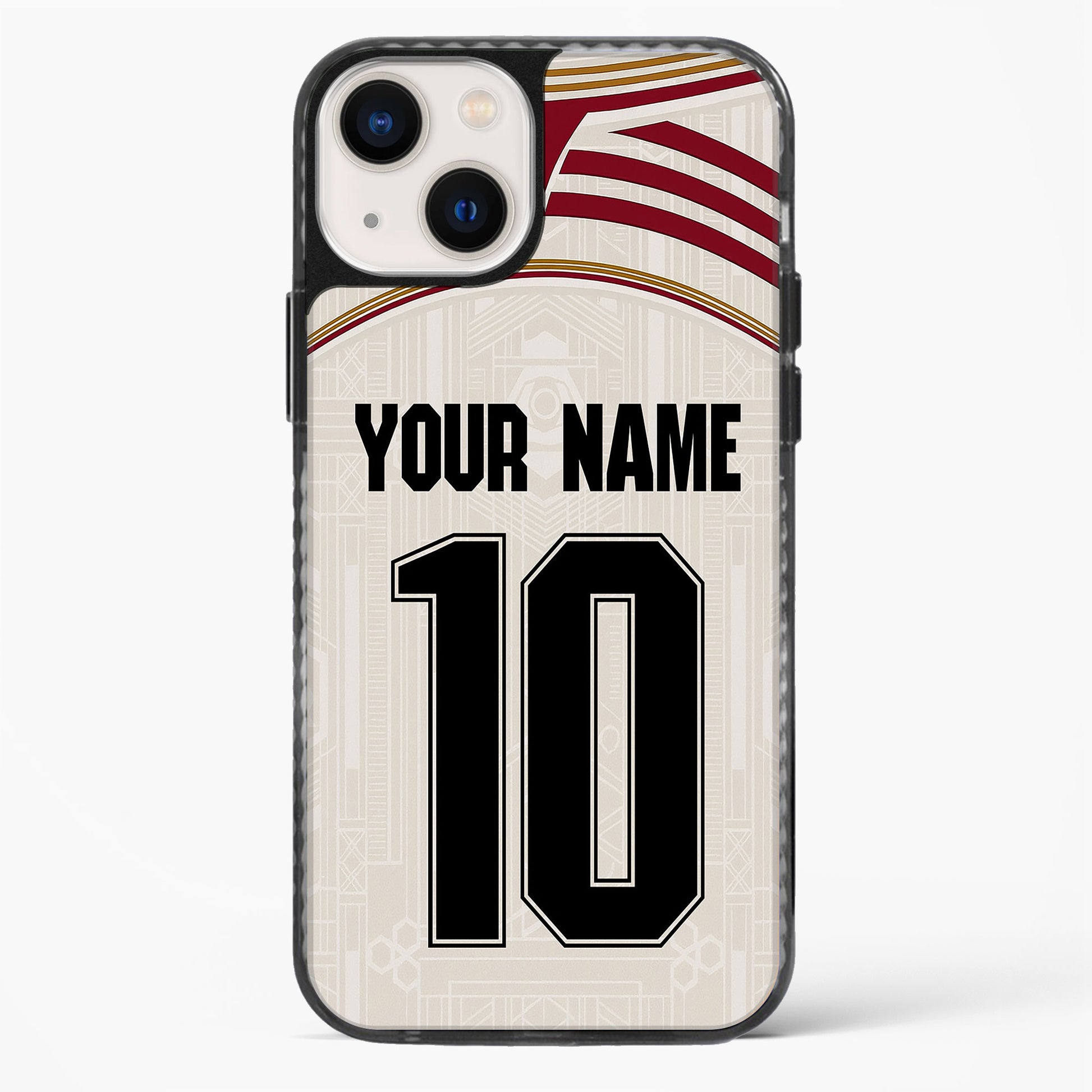 Phone case with customizable text on a white background