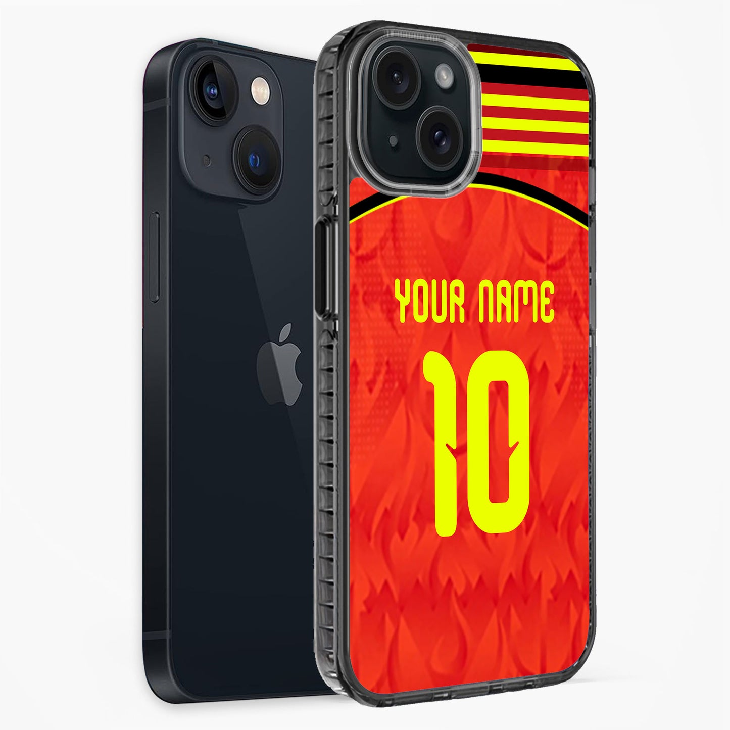 Phone case with red background, yellow number 10, and customizable text on a white background