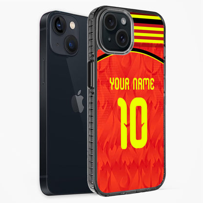 Phone case with red background, yellow number 10, and customizable text on a white background