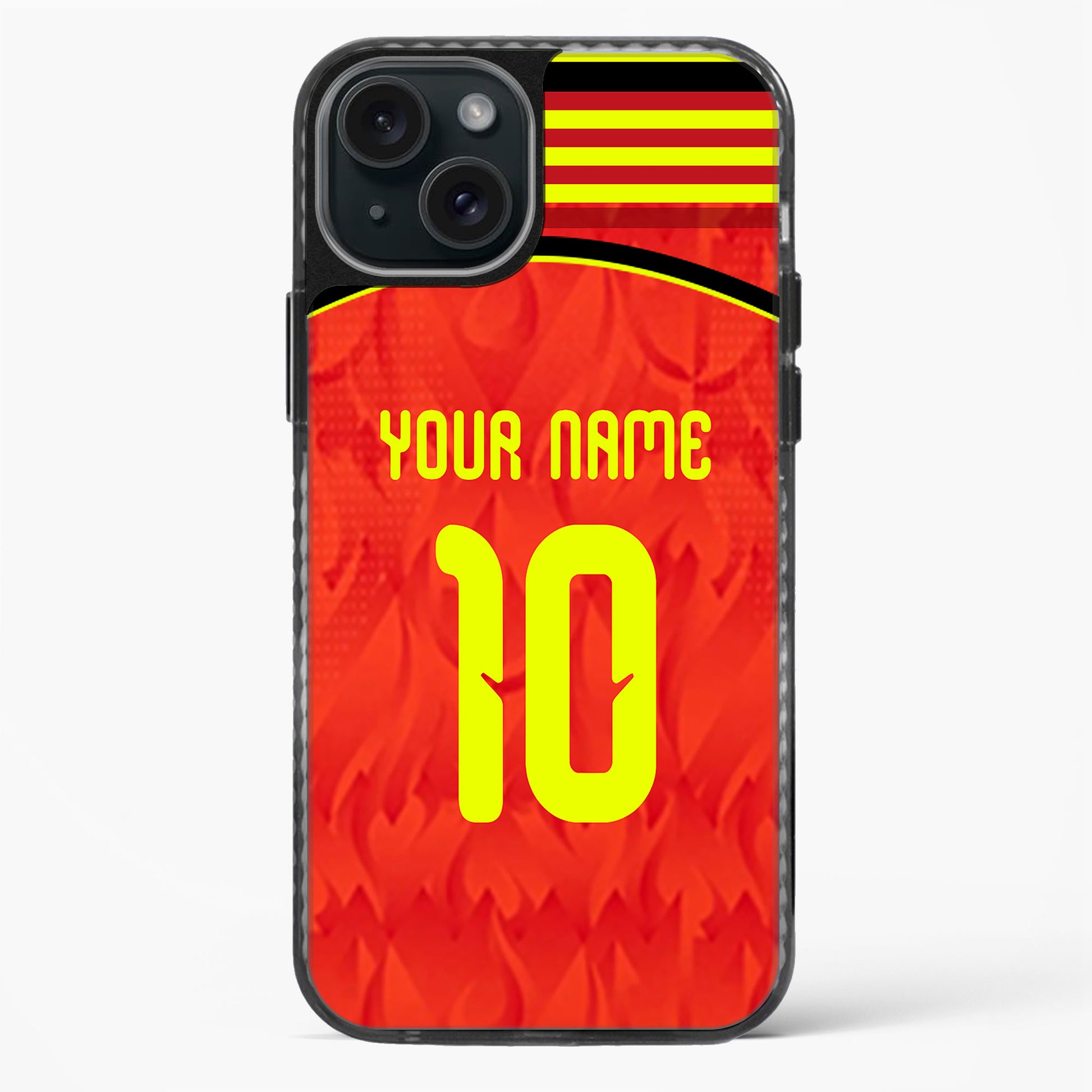 Phone case with red background, yellow number 10, and customizable text