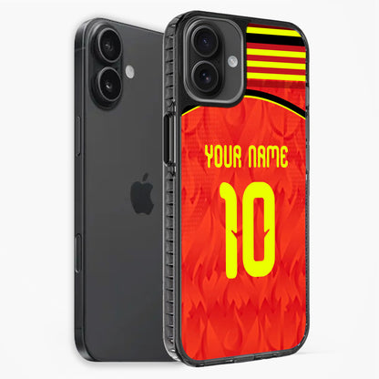 Phone case with red background, yellow number 10, and customizable text on a white background