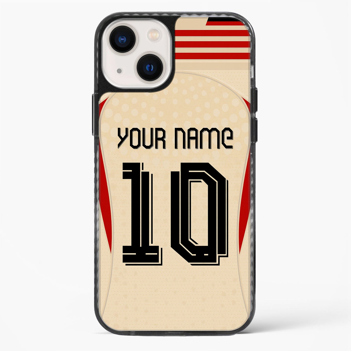 Phone case with customizable text on a beige background