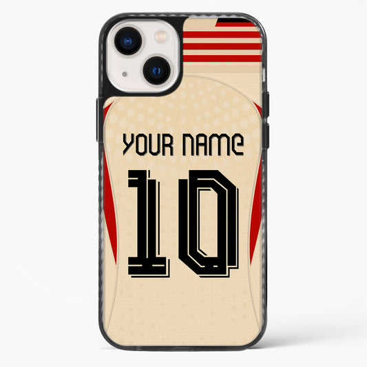 Phone case with customizable text on a beige background