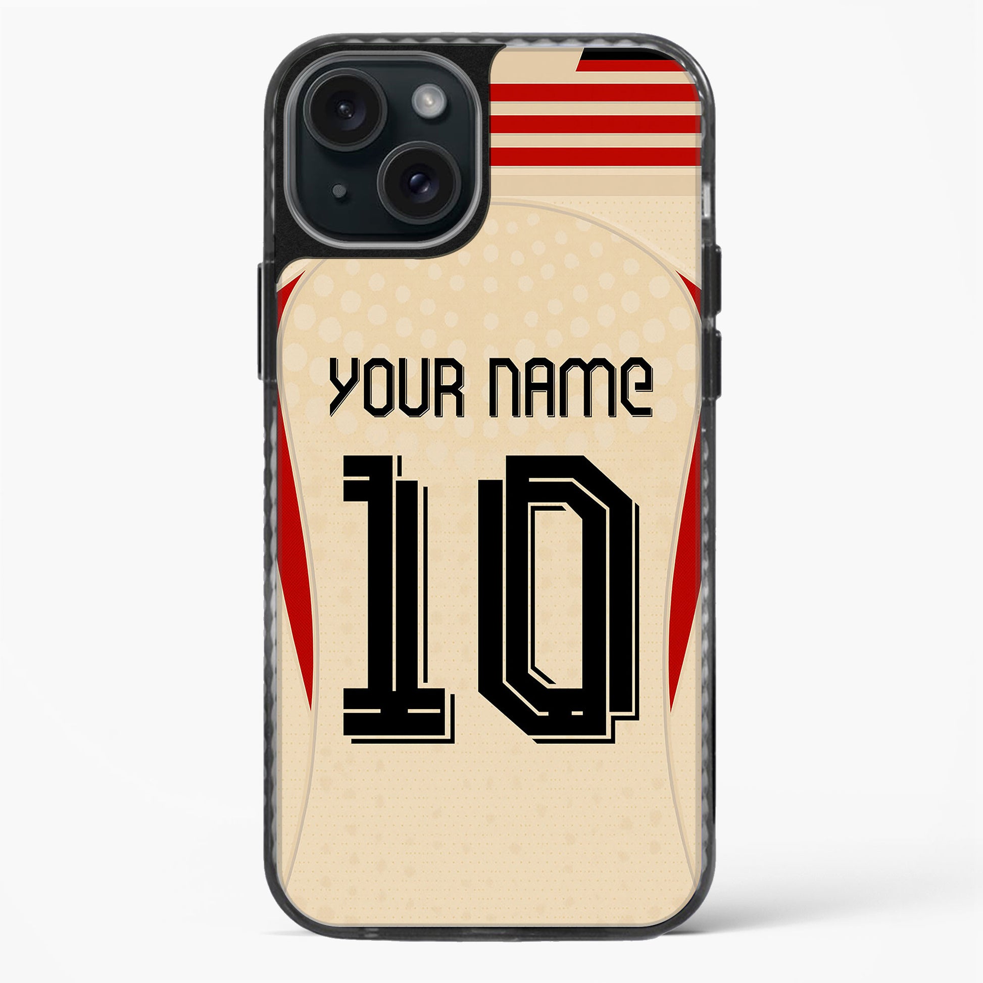 Phone case with customizable text on a beige background