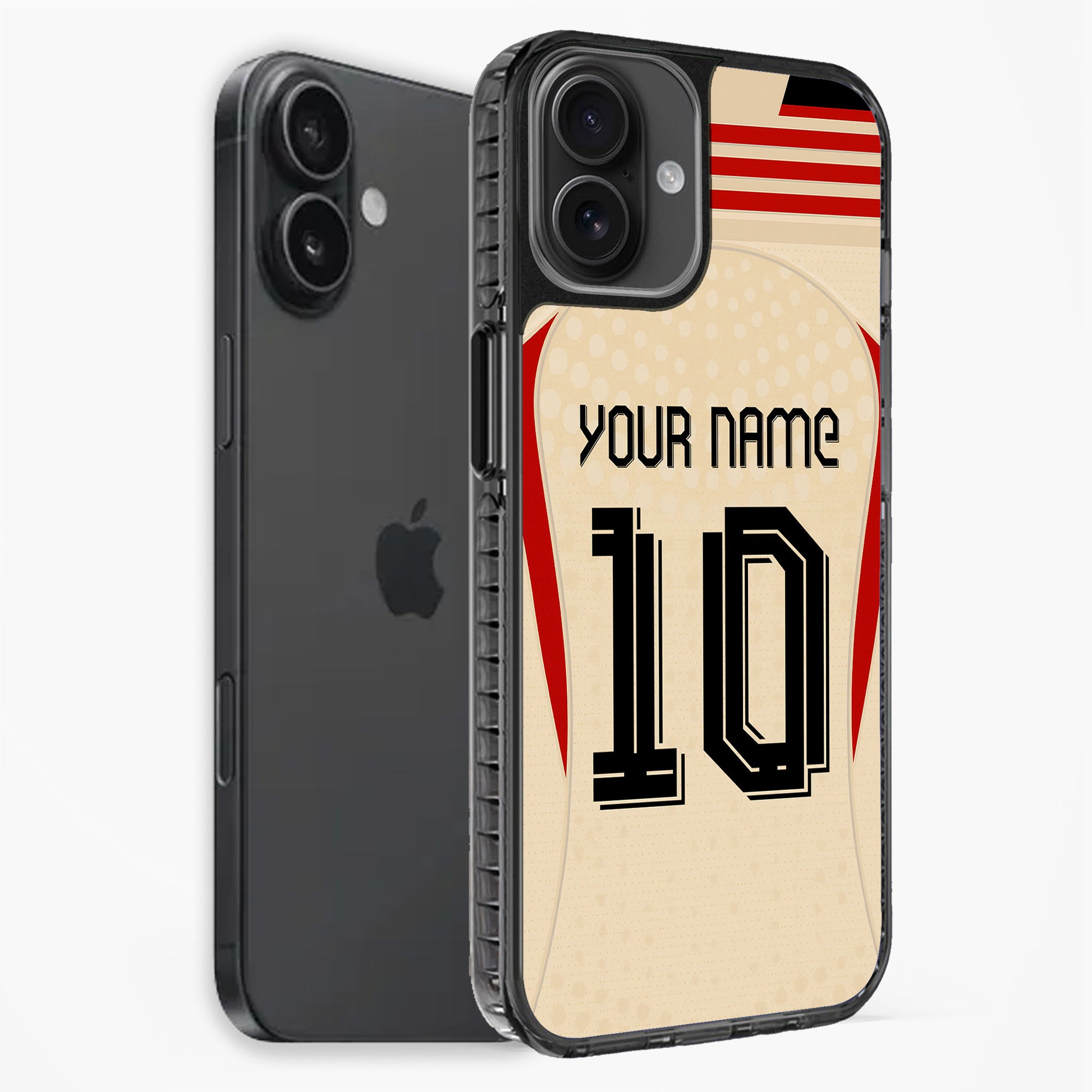 Phone case with customizable name and number design on a white background