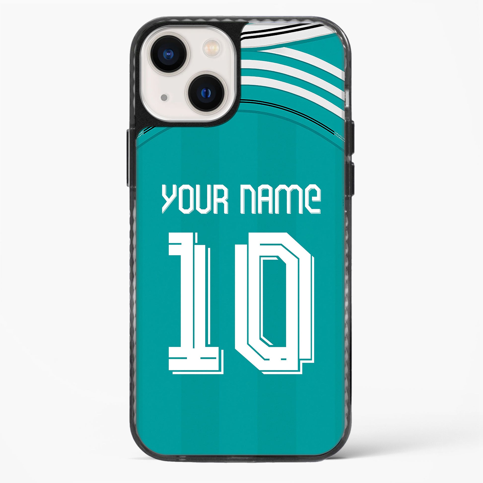 Teal phone case with customizable text on a white background