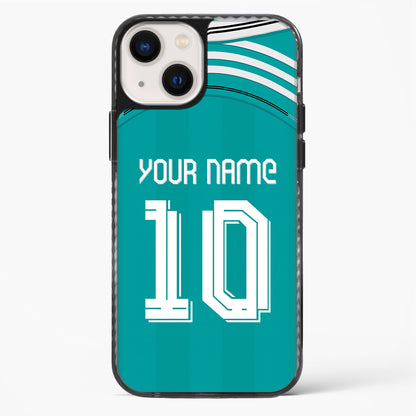 Teal phone case with customizable text on a white background