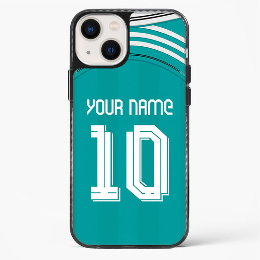 Teal phone case with customizable text on a white background