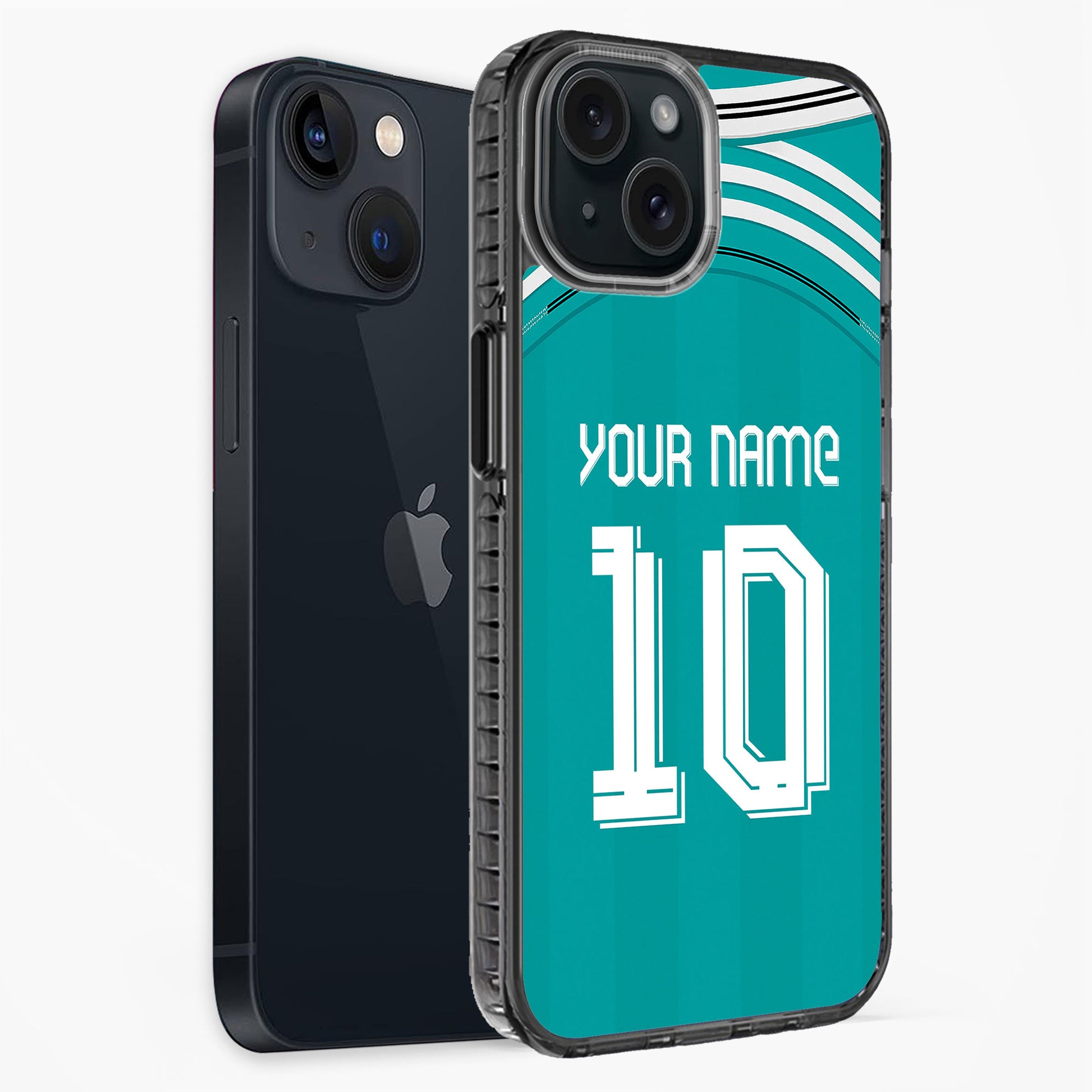 Phone case with customizable text on a teal background