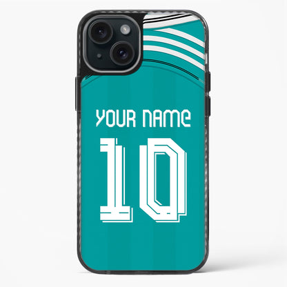 Teal phone case with customizable text on a white background