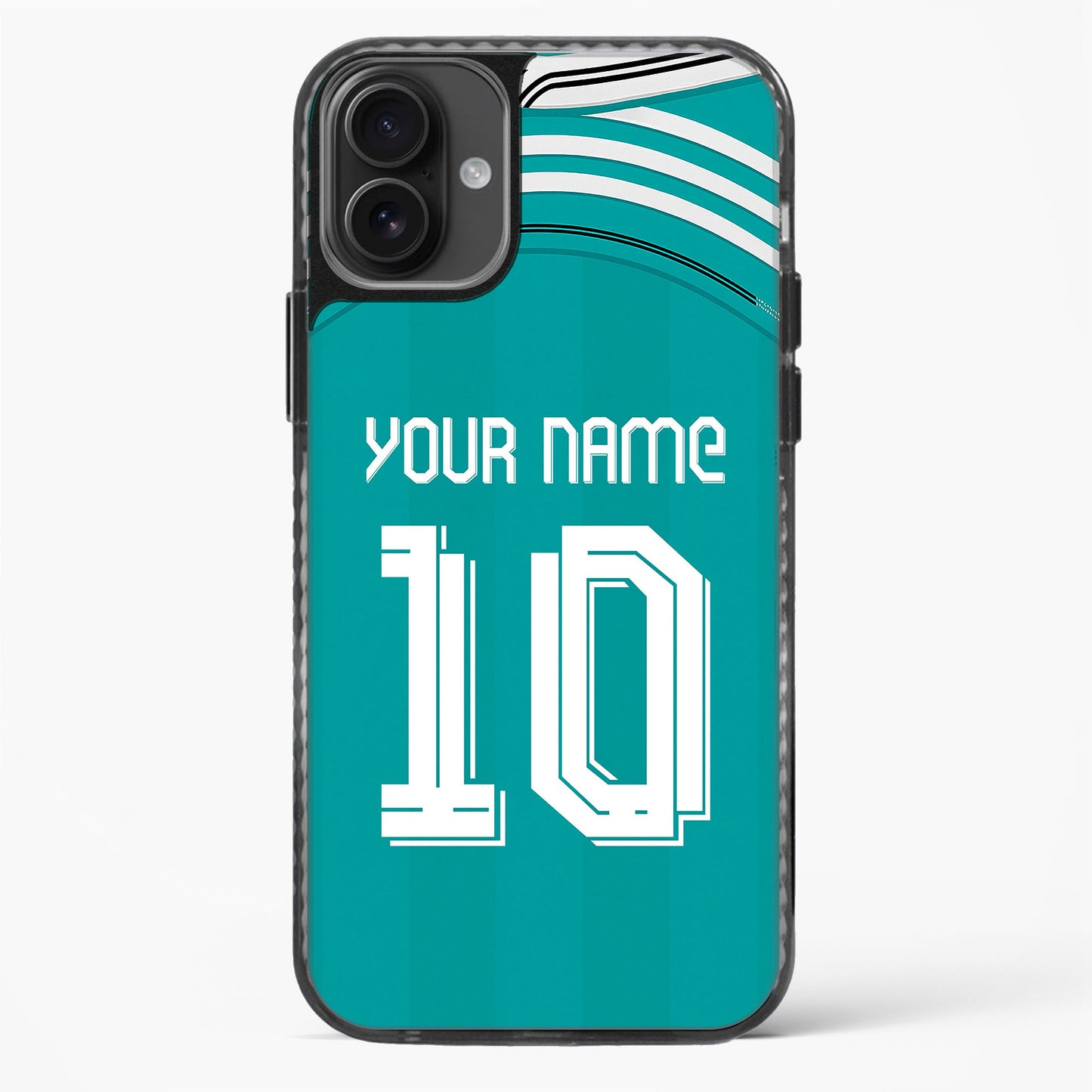 Teal phone case with customizable text on a white background