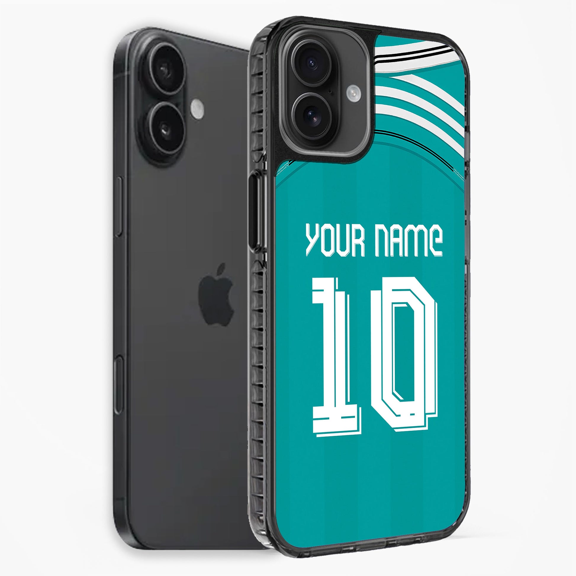 Phone case with customizable text on a teal background