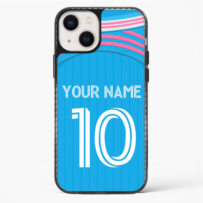 Phone case with blue background, white text, and pink accents on a white background