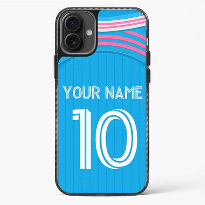 Phone case with blue background, white text, and pink accents on a white background
