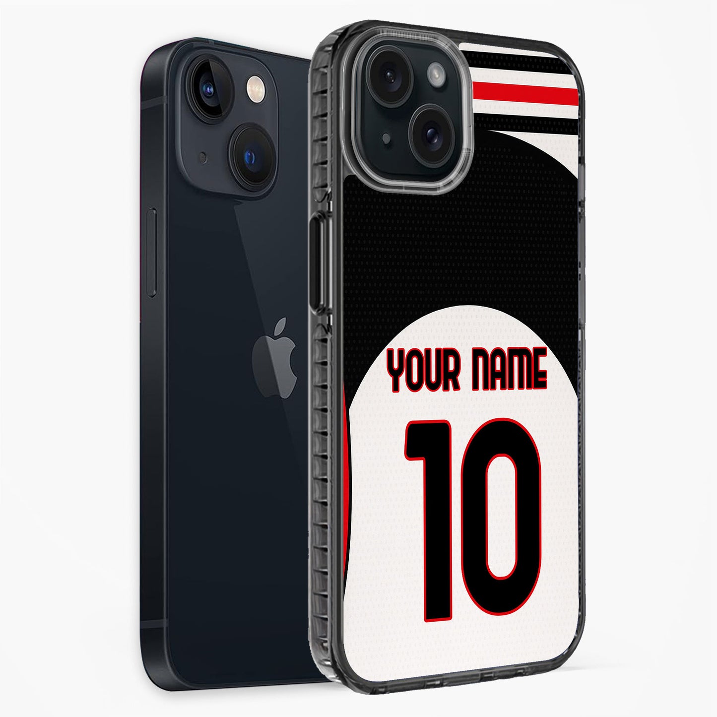 Phone case with customizable name and number design on a white background