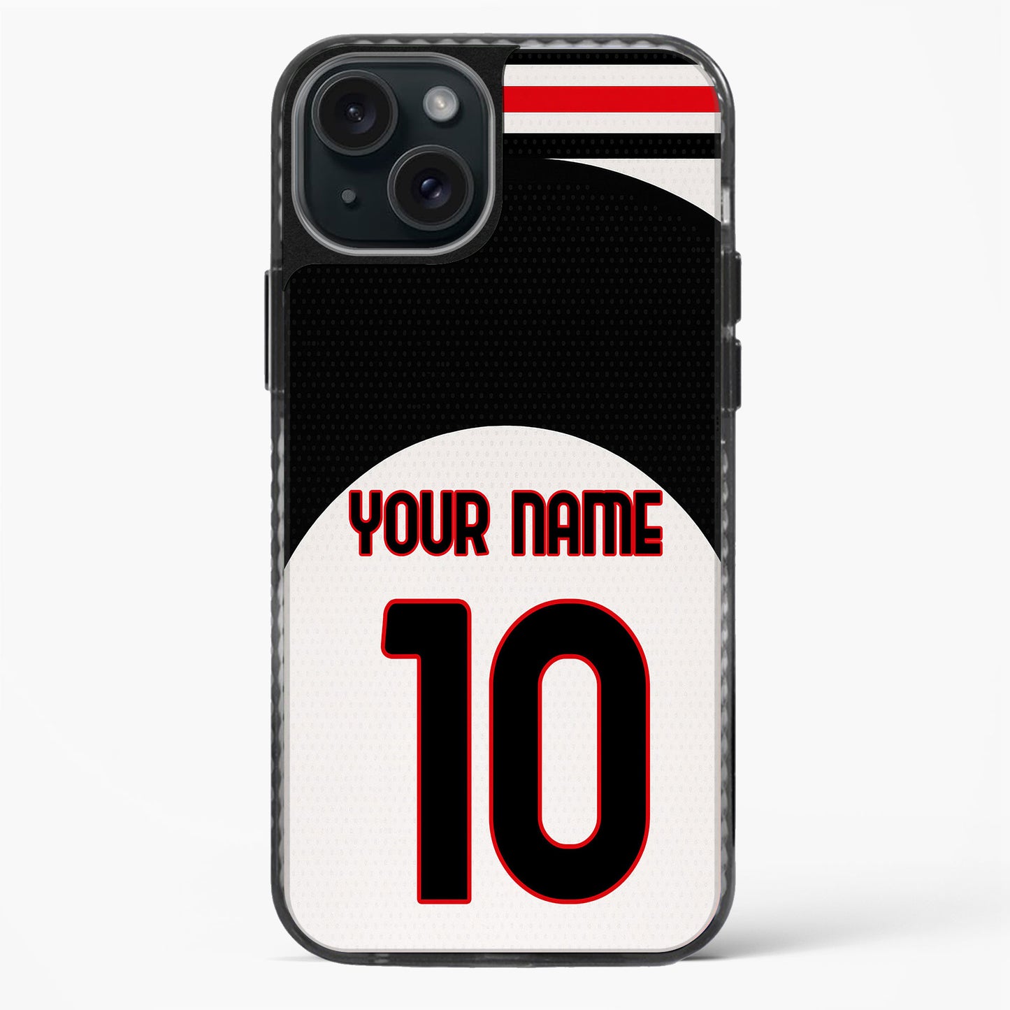 Phone case with customizable text on a white background