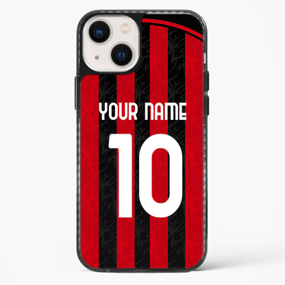 Phone case with red and black striped design, customizable text, on a white background
