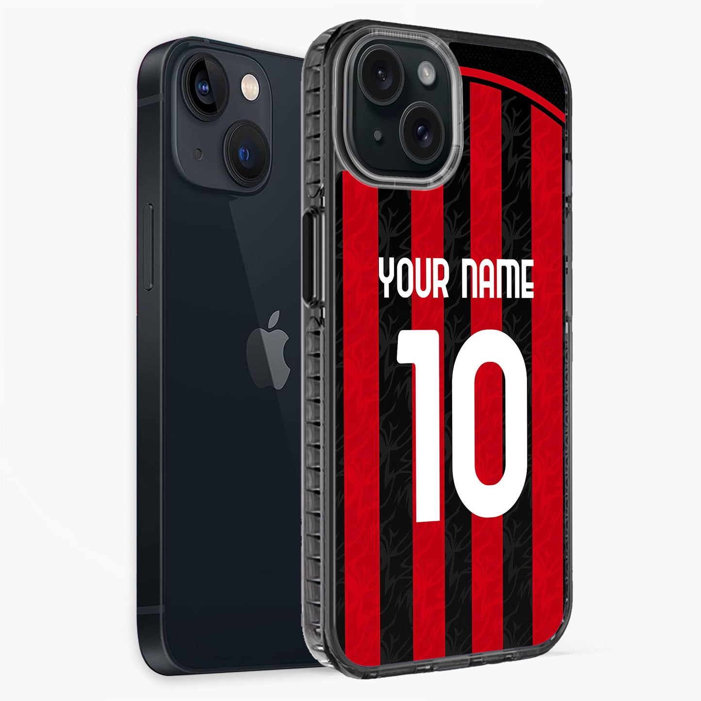 Phone case with red and black striped design and customizable text on a white background