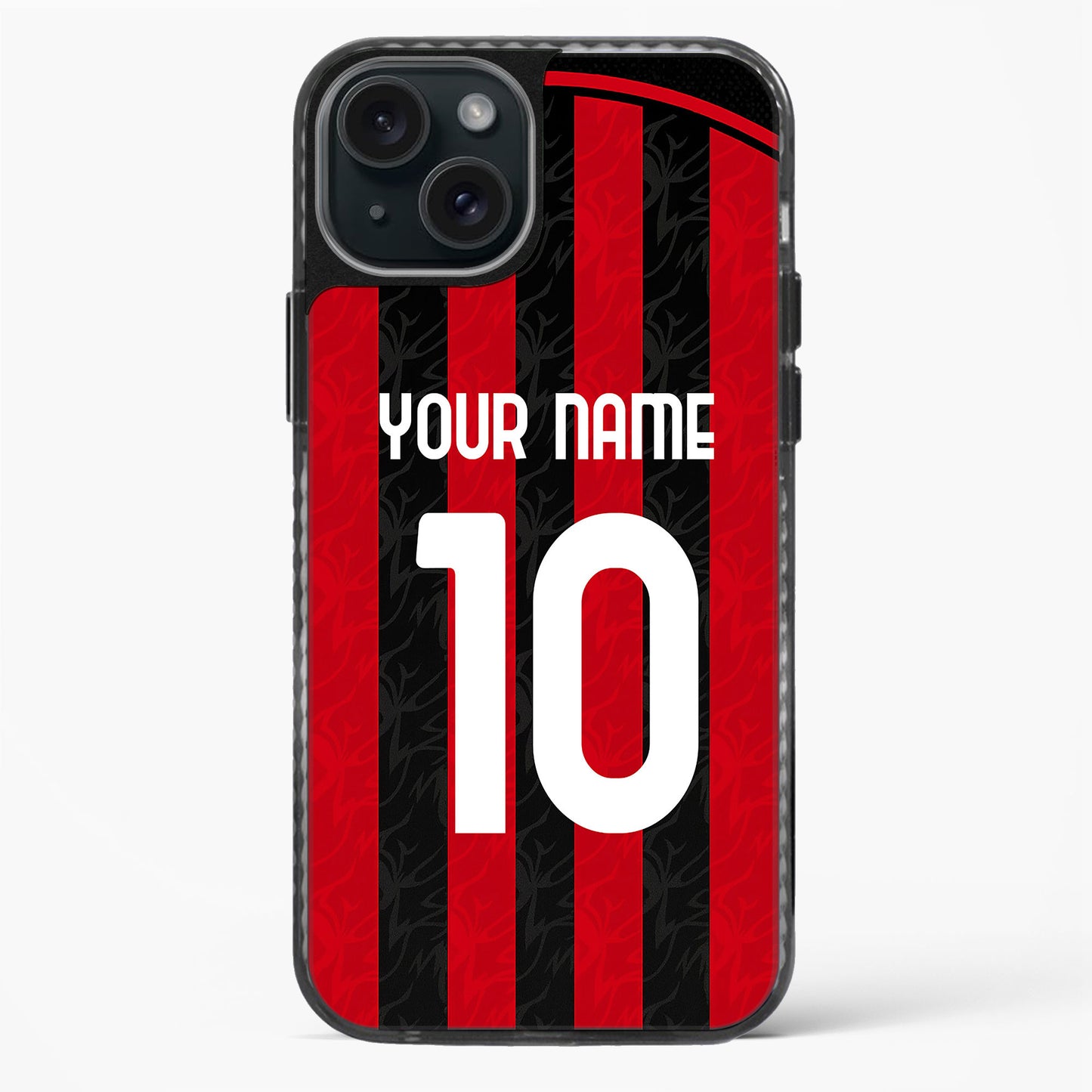 Phone case with red and black striped design, customizable text, on a white background