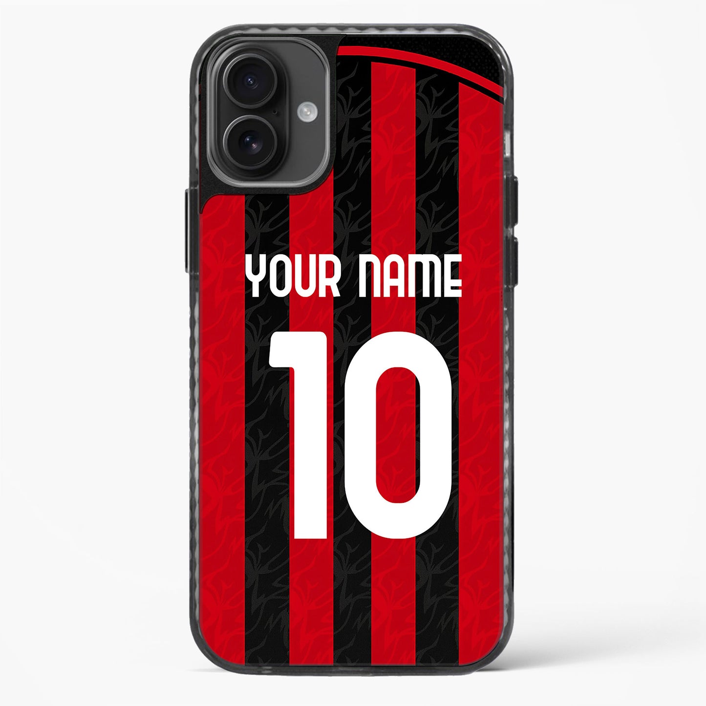 Phone case with red and black striped design, customizable text, on a white background
