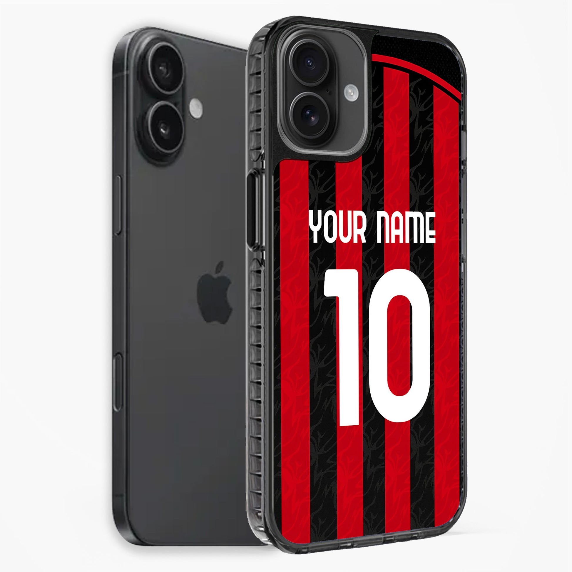 Phone case with red and black striped design and customizable text on a white background