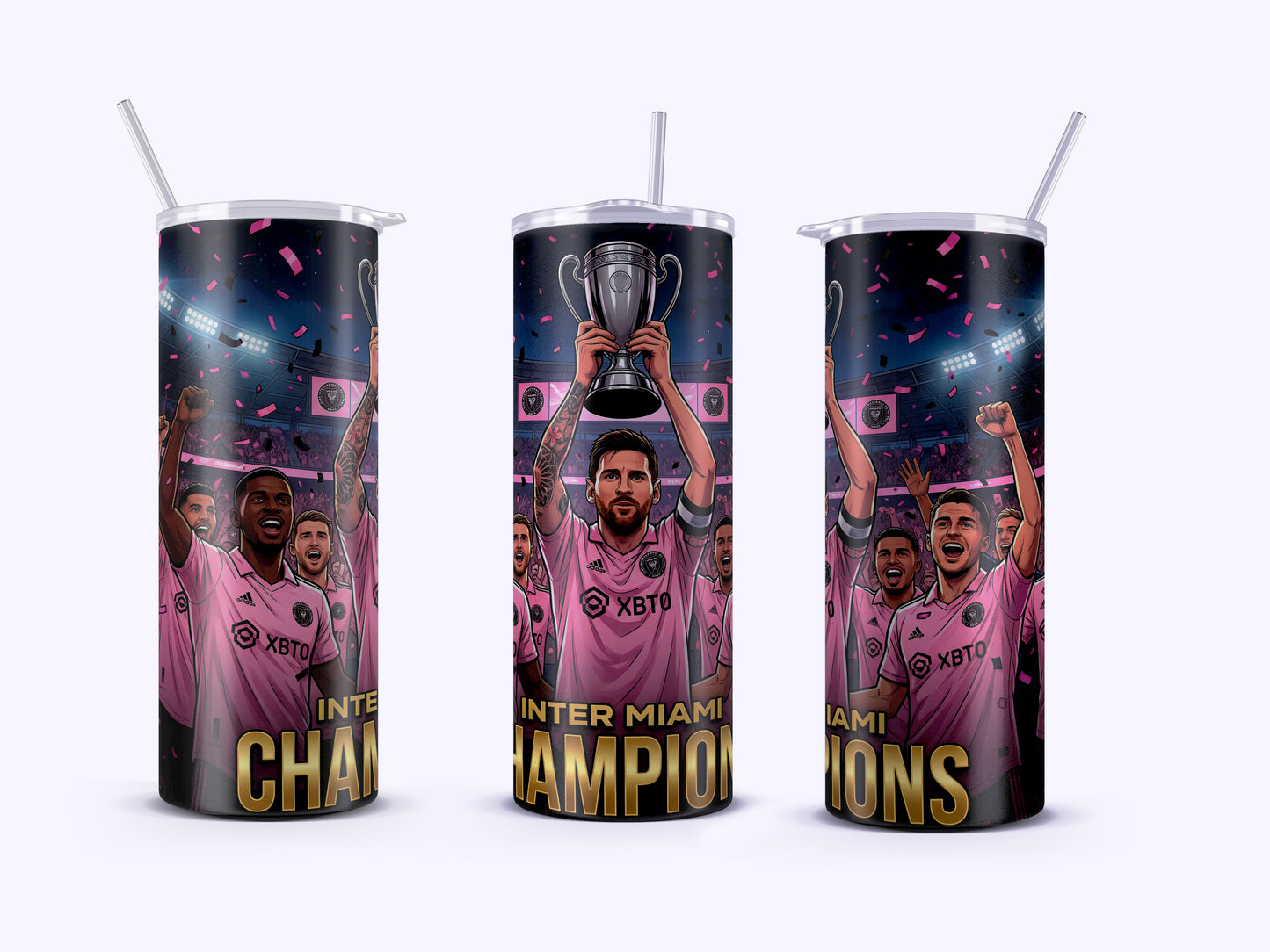 Tumbler with soccer-themed design and text on a white background