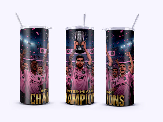 Tumbler with soccer-themed design and text on a white background