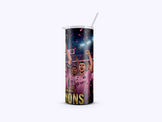 Tumbler with sports-themed design featuring two athletes celebrating, text 'Champions' on a white background.