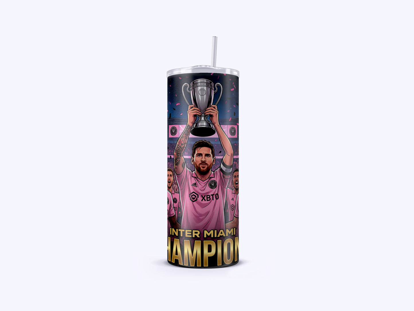 Tumbler with a soccer player holding a trophy and 'Inter Miami Champion' text on a white background