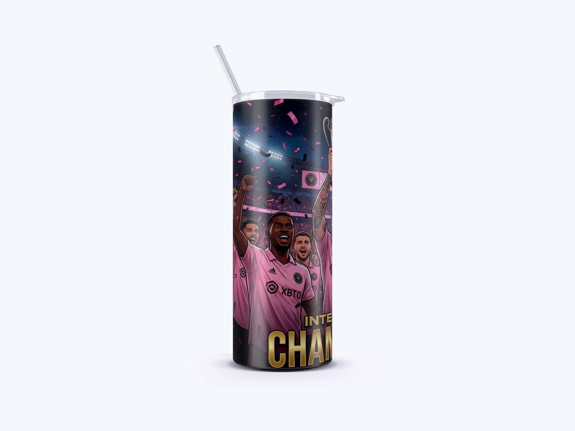 Tumbler with sports team design and text on a white background