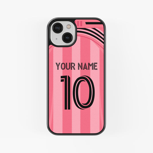 Phone case with pink and black design, customizable text on a white background