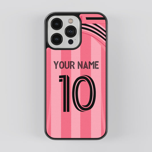Phone case with pink and black design on a gray background